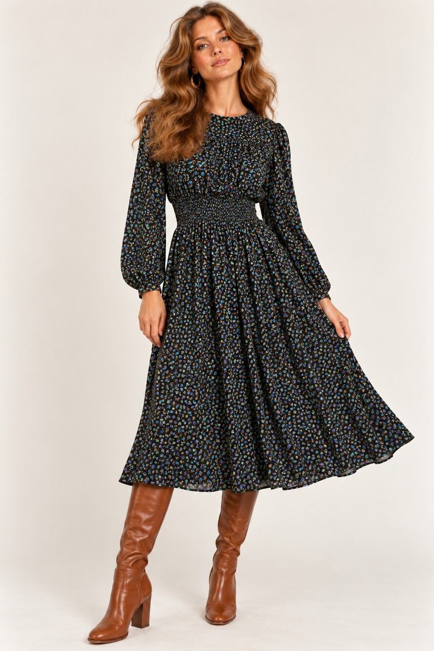 Vintage 70s Taurus II Ditsy Floral Prairie Dress Sz 14 Union Made USA Boho Midi
